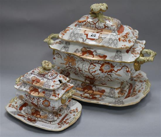 A Masons ironstone soup tureen, cover and stand and a matching sauce tureen, cover and stand largest overall height 28cm